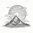 single island with volcanique, wind blowing chinese cloud, Sun shining tattoo design idea
