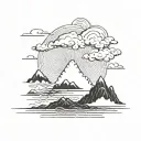 single island with volcanique, wind blowing chinese cloud, Sun shining tattoo design idea