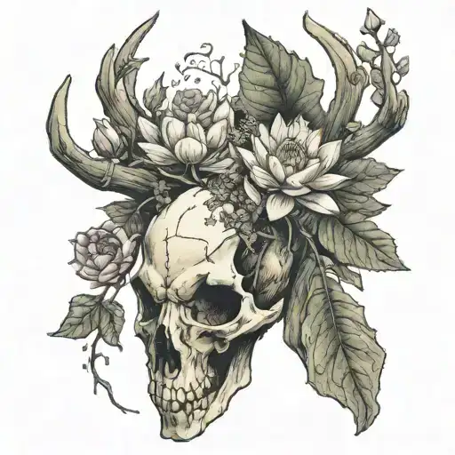 old mossy and lotus growing out of a realistic deer skull  tattoo design idea