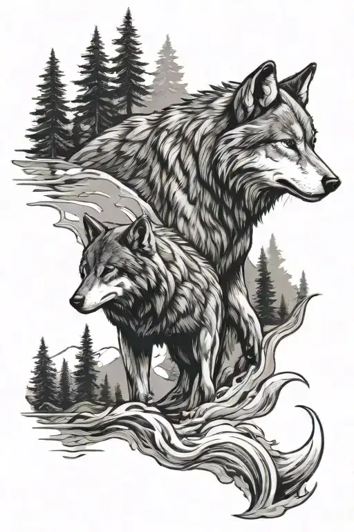 wolf mountain and river flowing tattoo design idea