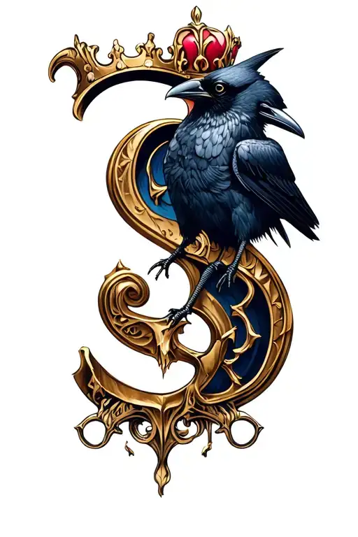 s letter with king crow skull tattoo design idea