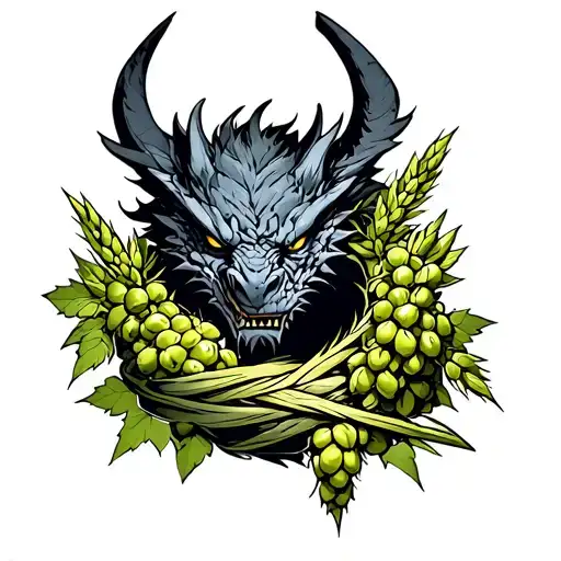 A gargoyle inspired by anime characters, surrounded by hops and barley wrapped around a brewhouse tattoo design idea