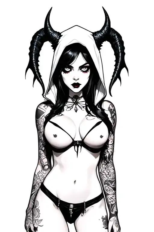 Sexy Pale Girl, Petite, Big Boobs, Wide Hips, G-string, Demonic Horns, Sexual... hood, white eyes, dark hair, vampire tattoo design idea