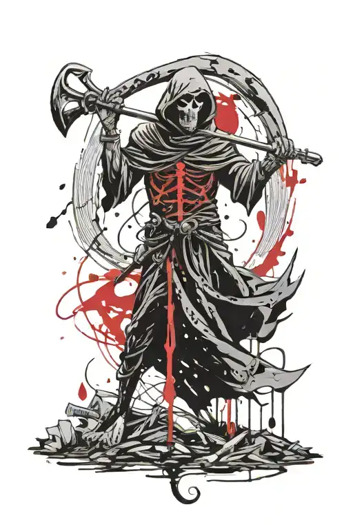 The Grim Reaper looks forward with the sun behind his head holding a sickle. tattoo design idea