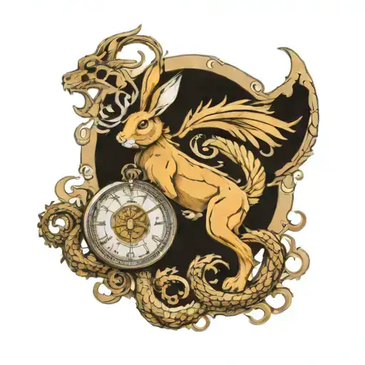 Hare with om symbol, trinket, watch and A sichel moon in the background surrounded by a dragon tattoo design idea