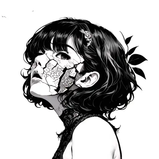 anime girl with broken porcelain mask tattoo design idea