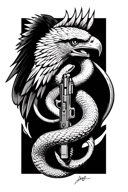 make a tattoo snake with falcon ak 47 and gill shaped tattoo design idea