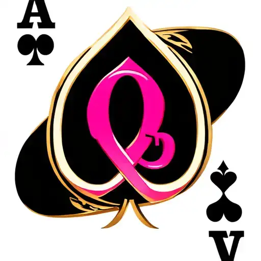 A pink infinity symbol inside a black ace of spades outline with the gold letter Q inside it all tattoo design idea