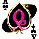 A pink infinity symbol inside a black ace of spades outline with the gold letter Q inside it all tattoo design idea
