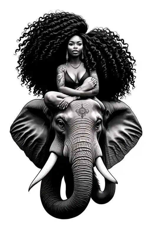 curvy african american woman with big wavy hair sitting on top of a elephant head profile holding tattoo design idea