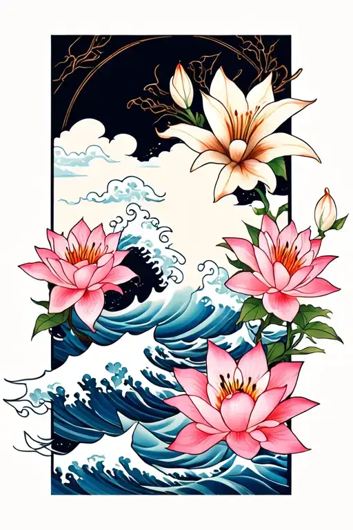 Japanese floral sleeve with a wave and lilys and lotus tattoo design idea