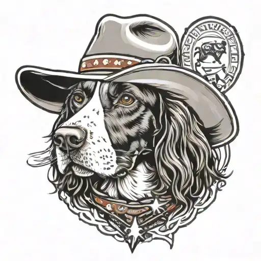 springer spaniel with cowboy hat and bandana, have a banner at front with the name Willow tattoo design idea