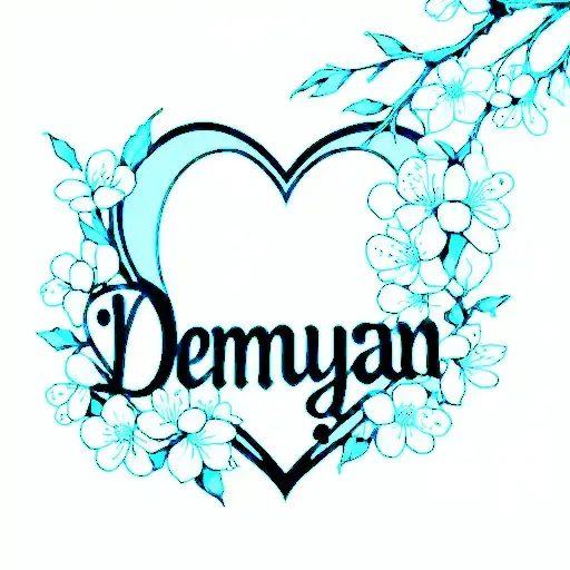 The name Demyan with a heart and cherry blossom flowers along with some branches around it with a special font fine line tattoo design idea