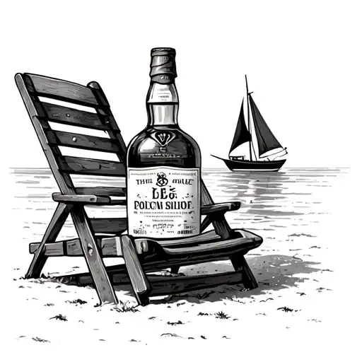 A whiskey bottle on a beach chair with a sailboat in the distance, representing your favorite things and passion for sailing tattoo design idea