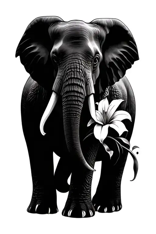 elephant, lilies, flowers, tattoo design idea