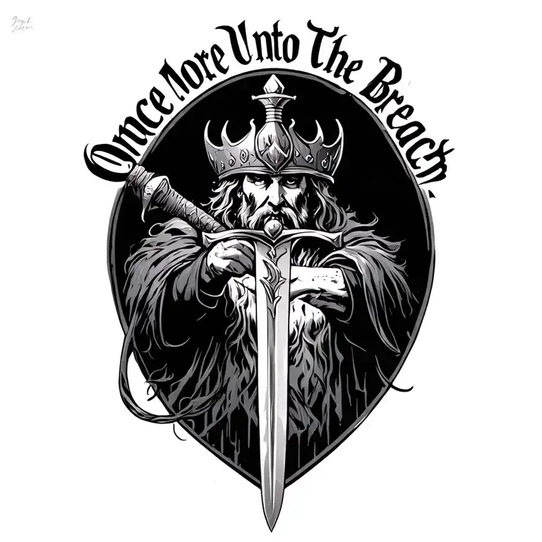 "Once More Unto the Breach" in medieval script with a sword and a scarred king tattoo design idea