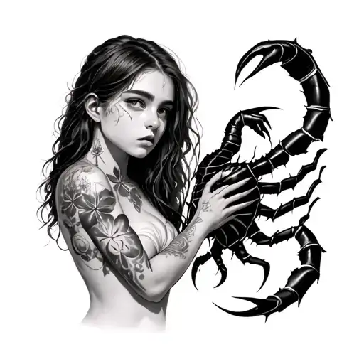 The girl stands sideways sideways, she has a clover tattoo from the collarbone to her neck, Scorpio bites her leg tattoo design idea