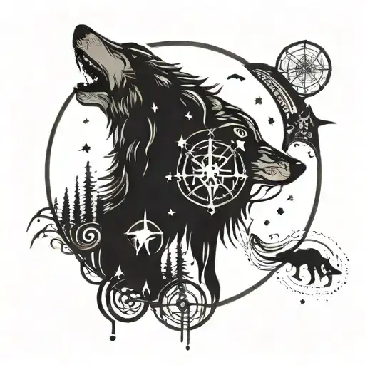 mystical, epic wolf tattoo with moon, forest, stars, compass, shadow, fish zodiac sign, water, tattoo design idea