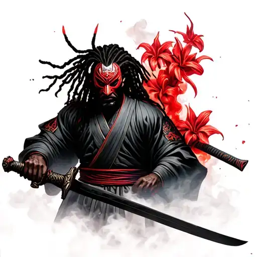 black man with locs in a samurai suit surrounded by smoke surrounded by red spider lillys and sword with half oni mask tattoo design idea