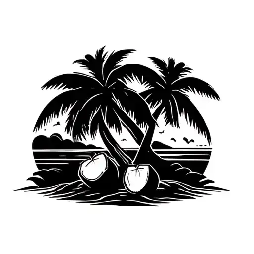 all black outline of palm tree with 4 coconuts in a desert island with a sunset in the background tattoo design idea