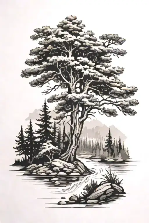 Pine tree Forest with Creek running through it  tattoo design idea
