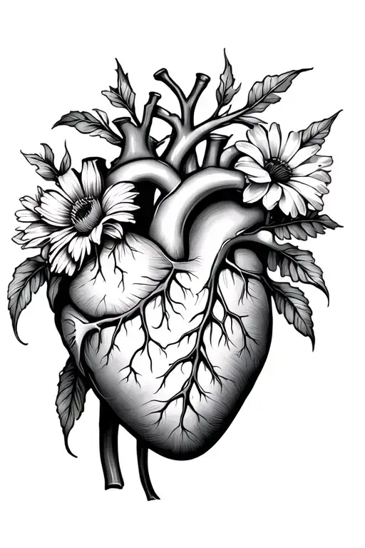 anatomically correct heart growing birth month flowers for February, June and November out of pulmonary trunk and aorta tattoo design idea