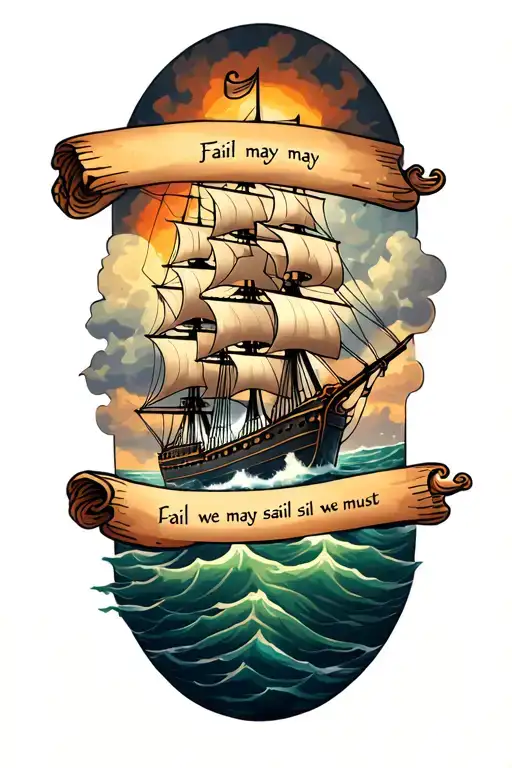 "Fail we may sail we must" Ship sailing through storm clouds and underneath the ship on scroll paper is text that says fail we may sail we must tattoo design idea