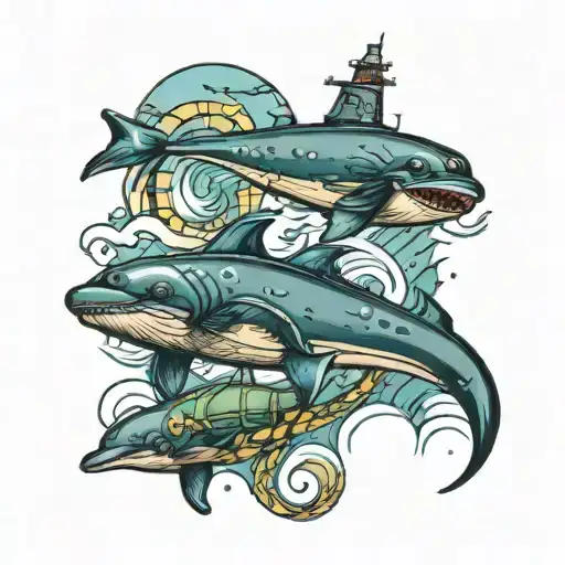 submarine dolphins lighthouse turtles tattoo design idea