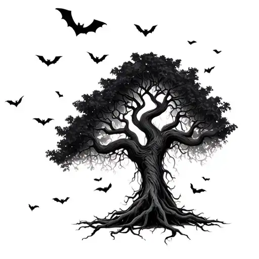 skinny poison tree with longs roots surrounded by small bats , lots of shading  tattoo design idea