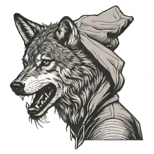 man with hoodie standing on water and his reflection is howling wolf tattoo design idea