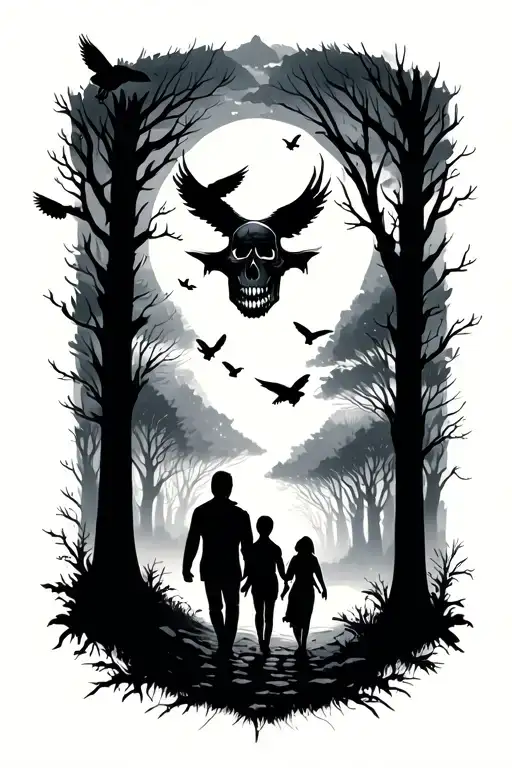 siluette, father, daughter, son walking away. surounded by fog, trees, small ravens above. faded skull tattoo design idea