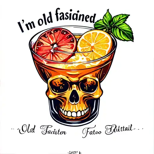 "I'm old fasioned." An old fashioned cocktail with skull shaped fruit. tattoo design idea