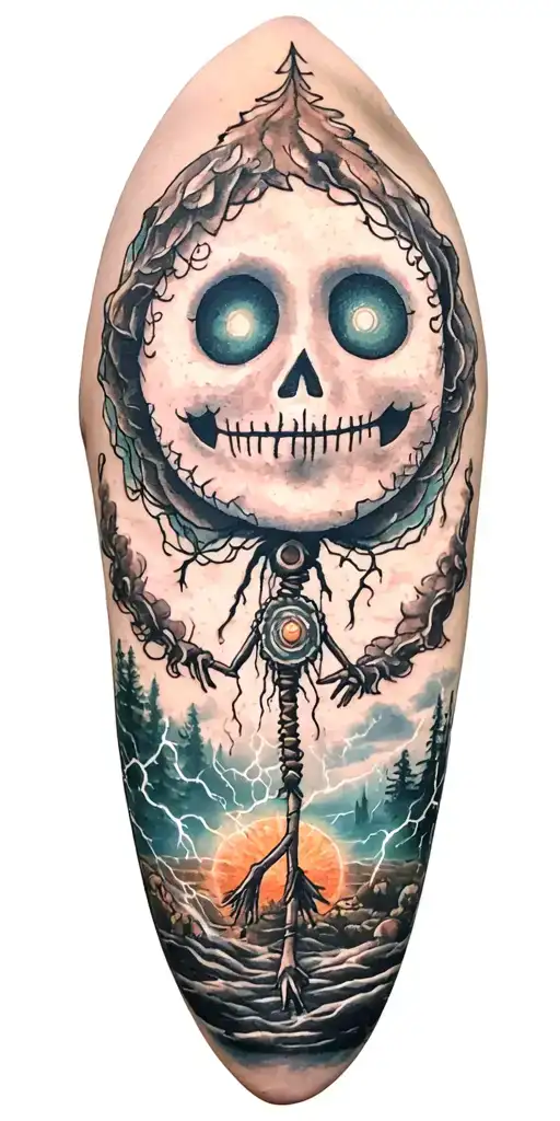 fabric voodoo doll and lightining storm and vegvisir and nature tattoo design idea