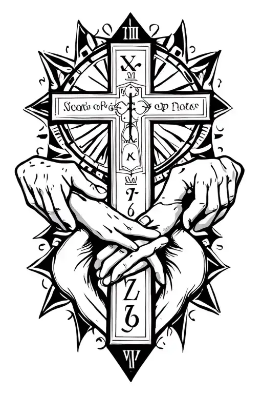 Christian cross tattoo, family holding hands, 5 boys names intertwined, clock tattoo design idea