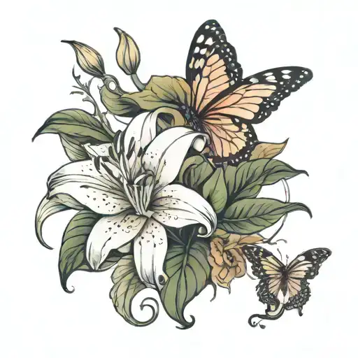 large sleeve lily flower with ash leaves at the end with a butterfly and a angel closing their eyes  tattoo design idea