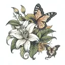 large sleeve lily flower with ash leaves at the end with a butterfly and a angel closing their eyes  tattoo design idea