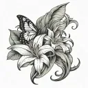 large sleeve lily flower with ash leaves at the end with a butterfly and a angel closing their eyes  tattoo design idea