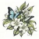 large sleeve lily flower with ash leaves at the end with a butterfly and a angel closing their eyes  tattoo design idea