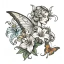 large sleeve lily flower with ash leaves at the end with a butterfly and a angel closing their eyes  tattoo design idea