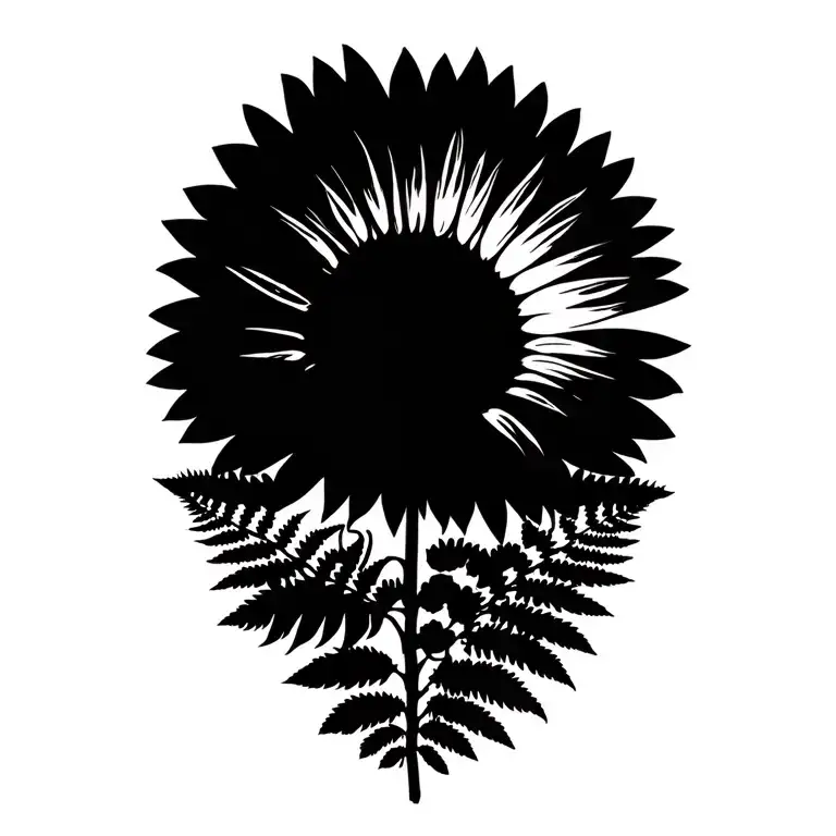 sunflower in sunset woth New Zealand fern farm land background and no solid boarder tattoo design idea