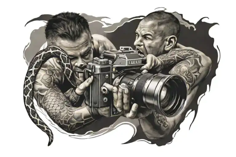 Create a tattoo of a videographer capturing a powerful MMA moment with a snake wrapping around the camera tattoo design idea