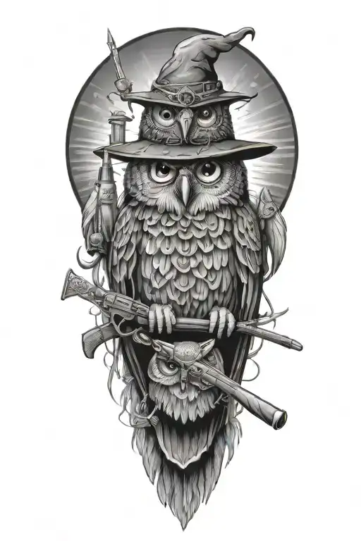 wizard owl, covered wagons, rifles representing Andrew Pickens and Daniel Morgan tattoo design idea
