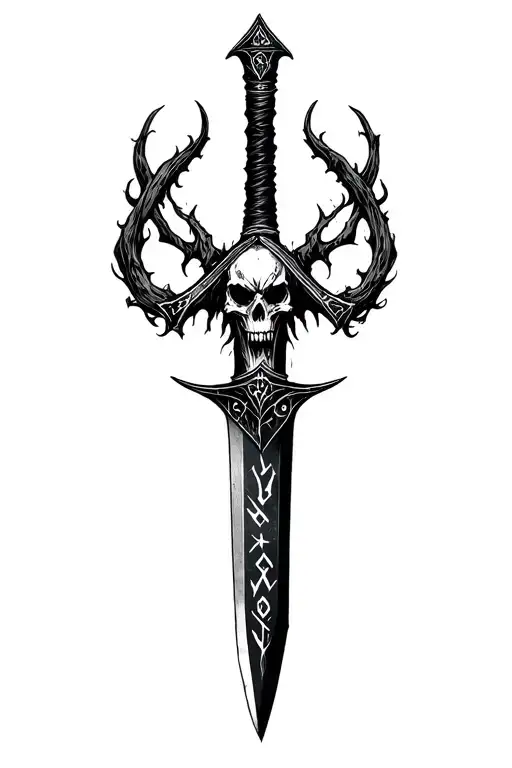 Sharp long dark dagger with runes shaded skull head, darkest dungeon, beast, curse tattoo design idea