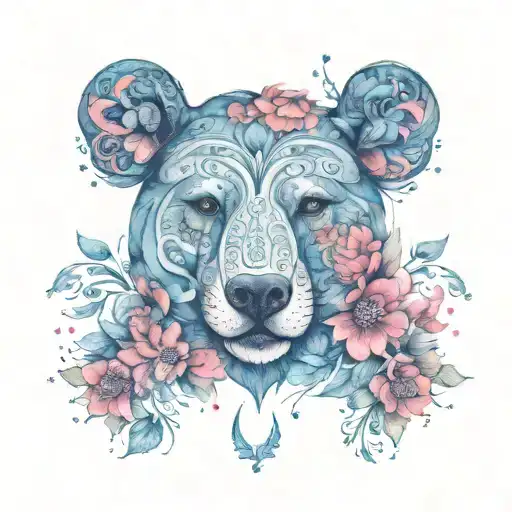 paisley bear head flowers stars tattoo design idea