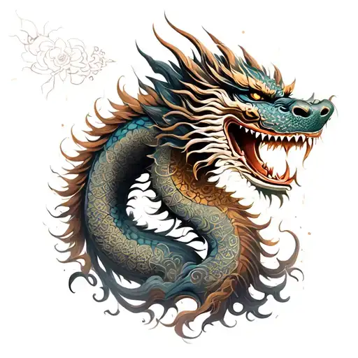 Arm full sleeve Japanese dragon, Buddha and mandala, broken mask , all black tattoo design idea