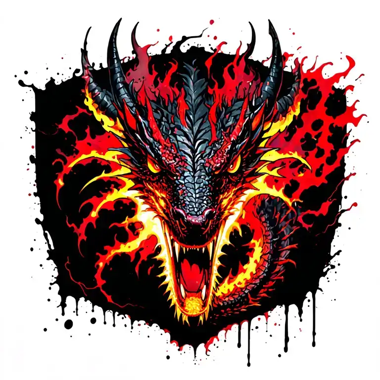 a dreadful ghastly and terrifying dragon covered in flames and thunder tattoo in the full back looking front tattoo design idea
