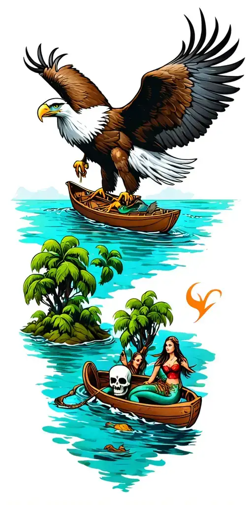bald eagle at top of sleeve and a Peter Pan lagoon in a rowboat skull island around the elbow mermaids below the boat tattoo design idea