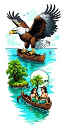 bald eagle at top of sleeve and a Peter Pan lagoon in a rowboat skull island around the elbow mermaids below the boat tattoo design idea