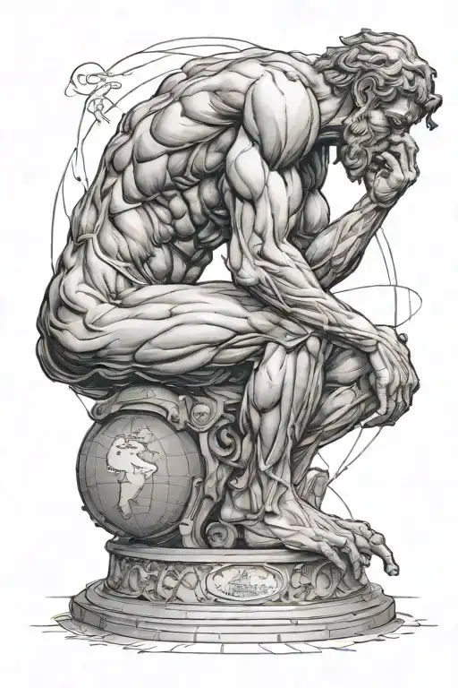 the atlas titan sitting on a globe in the pose of the thinker tattoo design idea