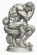 the atlas titan sitting on a globe in the pose of the thinker tattoo design idea